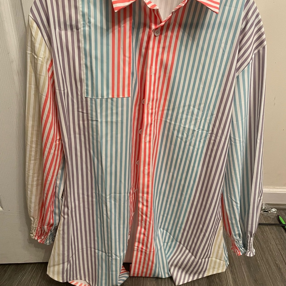 Colorful Stripe Print Button Down Shirt Dress